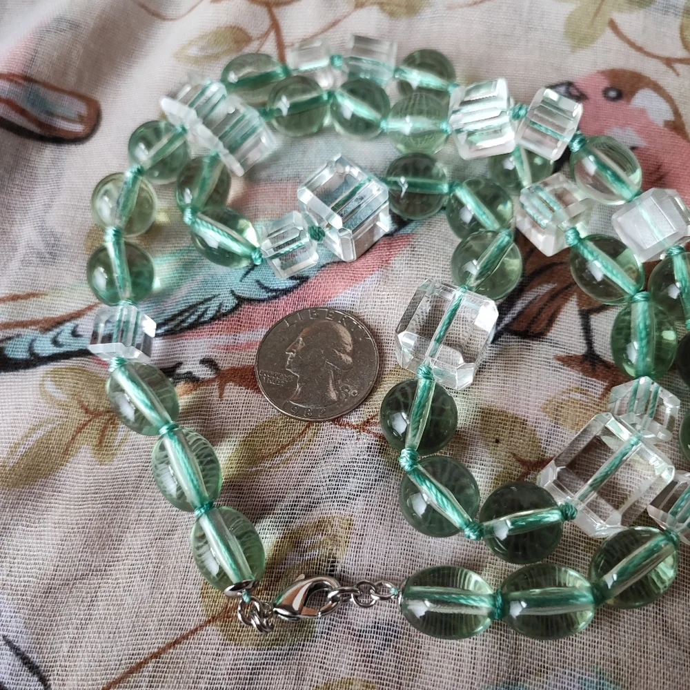 Glass Clear Green Ice Cube Square  Oval Acrylic Long Bead Necklace Cane Beads